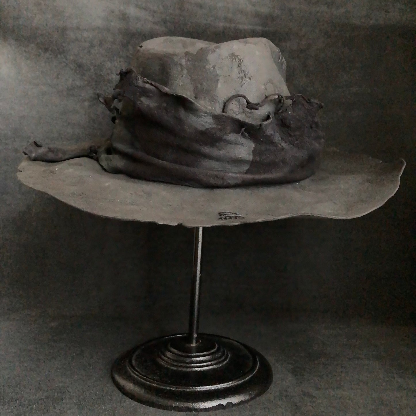 Charcoal tattered leather wide brim fedora hat