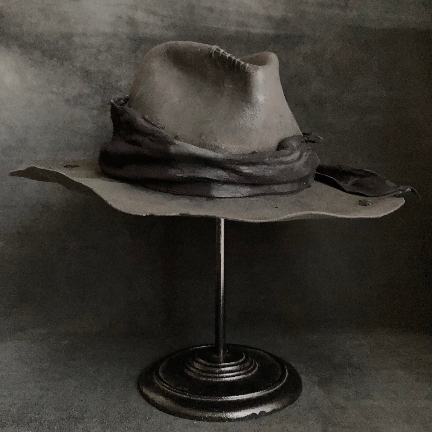 Charcoal tattered leather wide brim fedora hat