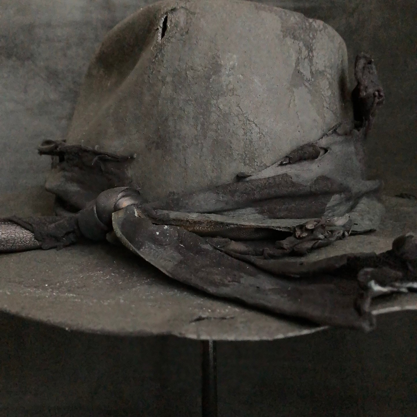 Charcoal tattered leather wide brim fedora hat