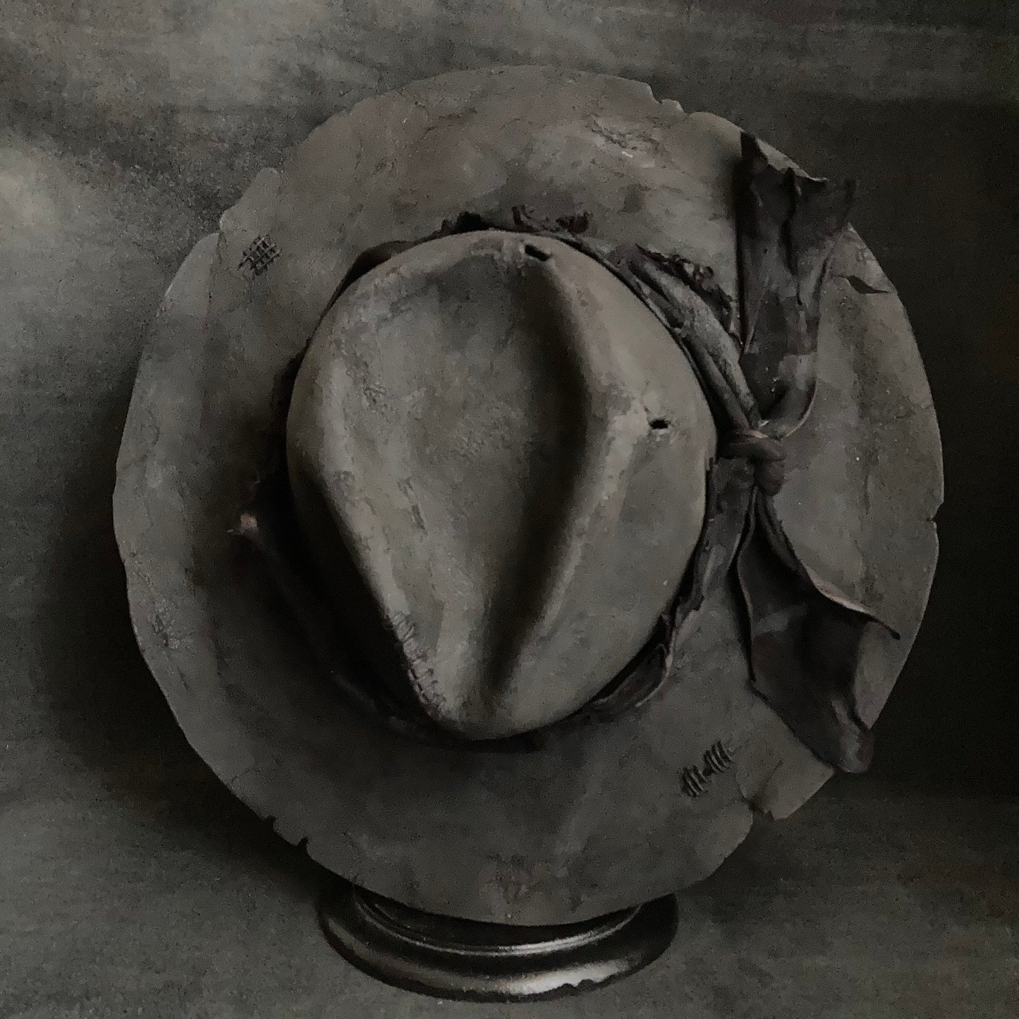 Charcoal tattered leather wide brim fedora hat