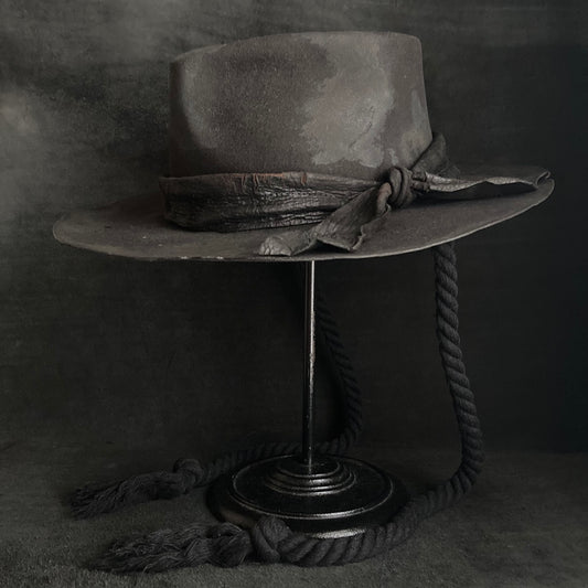 Burned black fedora hanging rope hat