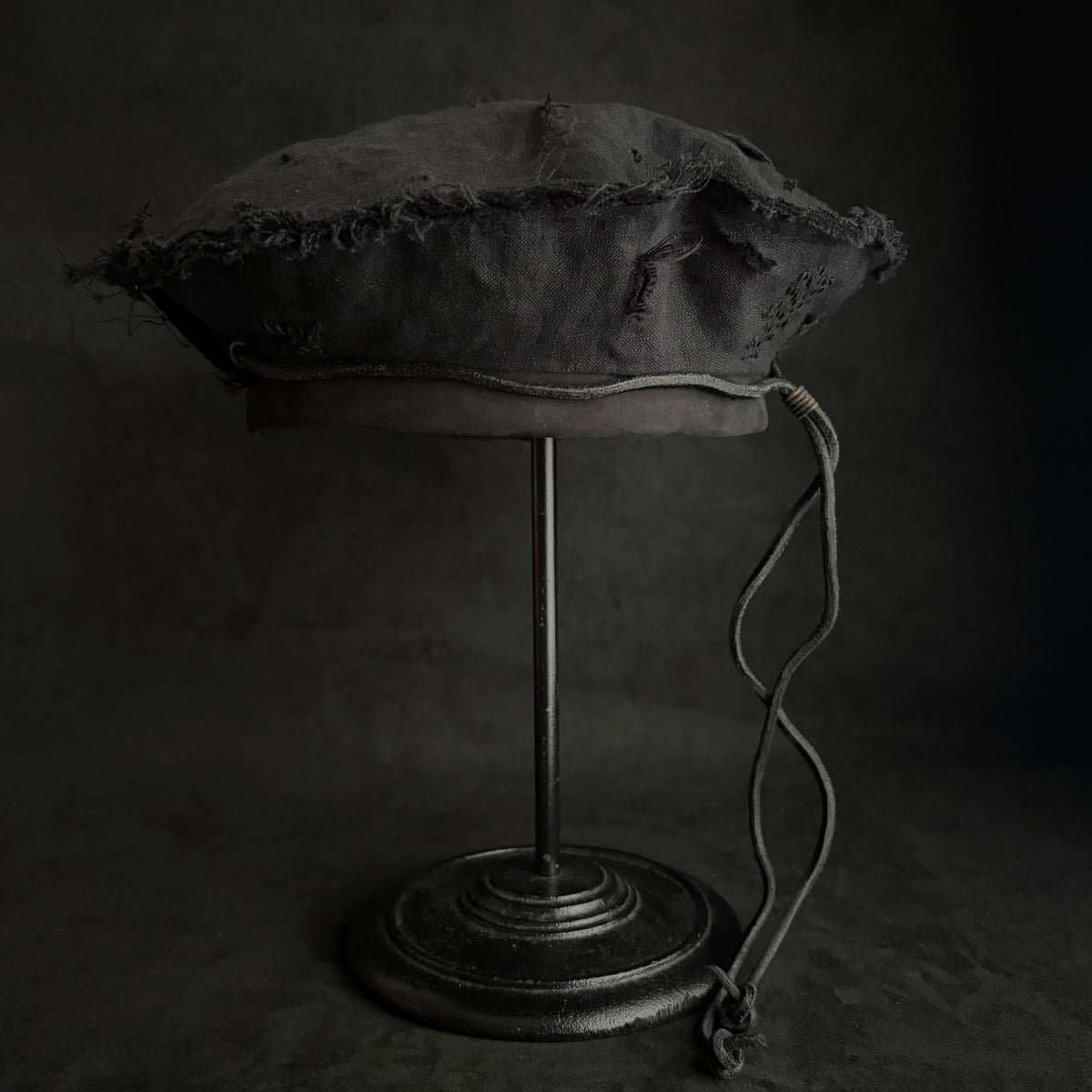 Back side black linen leather strap chain beret