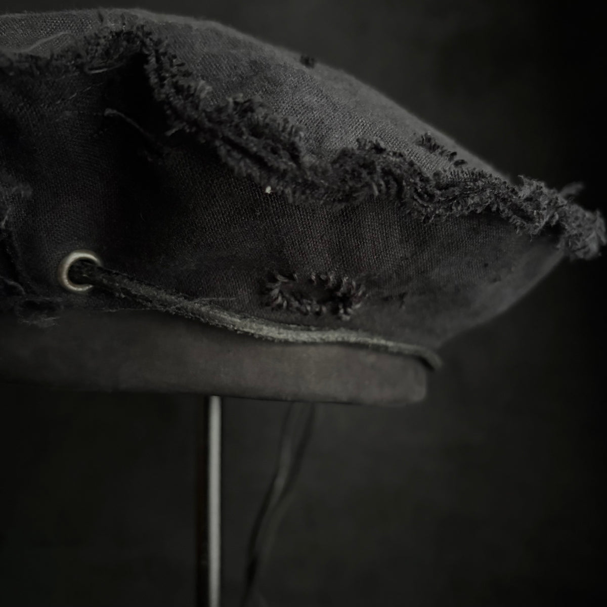 Back side black linen leather strap chain beret
