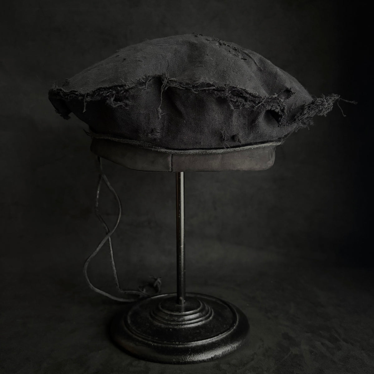 Back side black linen leather strap chain beret