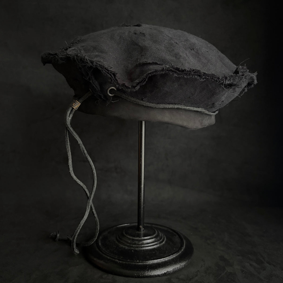 Back side black linen leather strap chain beret