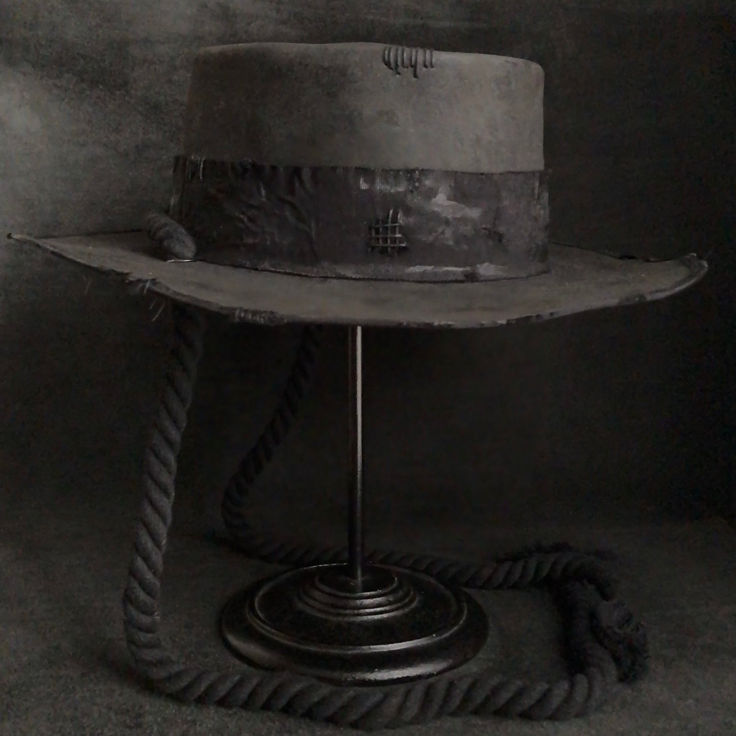 Charcoal pork pie hanging rope hat