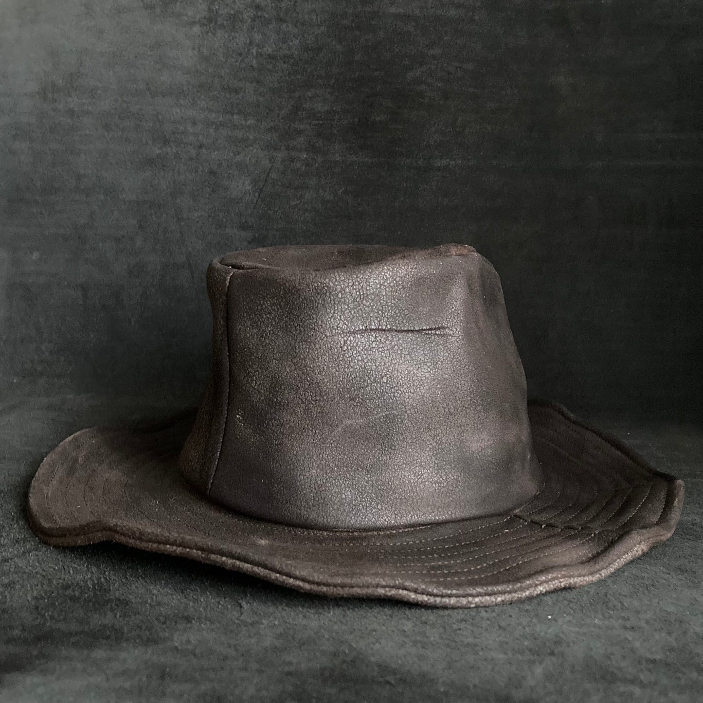 Dark brown stone grain leather fedora hat