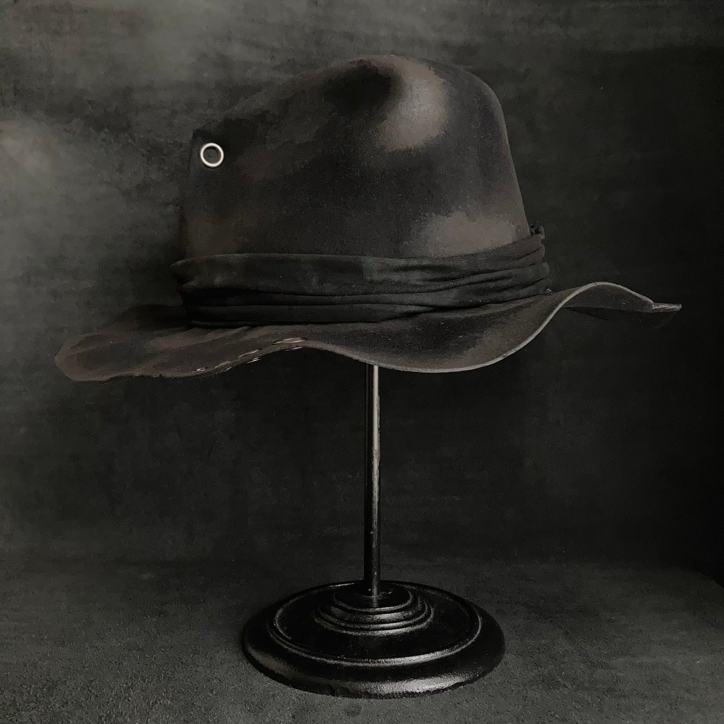 Eyelet burned black rabbit fedora hat