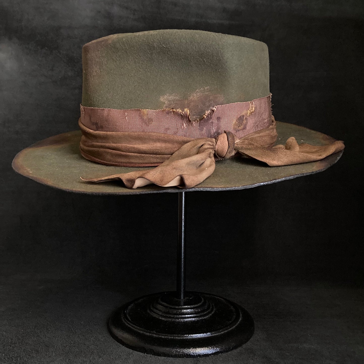 Burned dark olive fedora hat