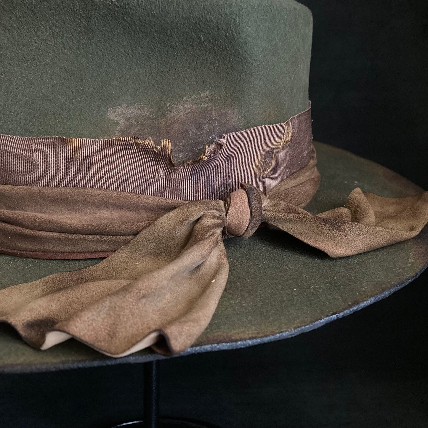 Burned dark olive fedora hat