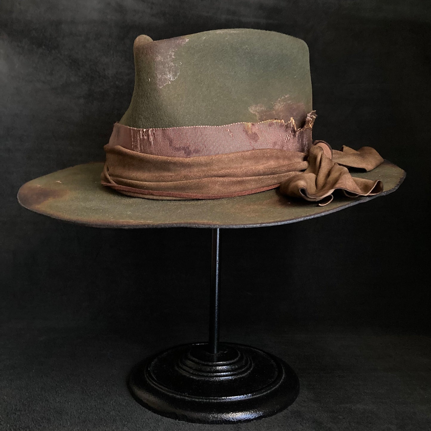 Burned dark olive fedora hat