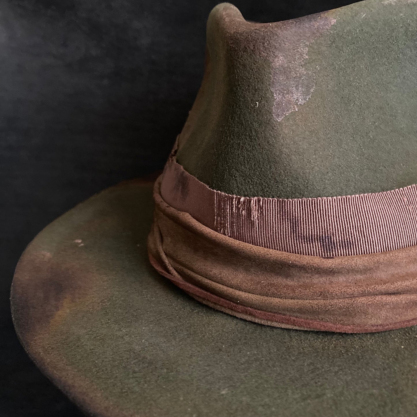 Burned dark olive fedora hat