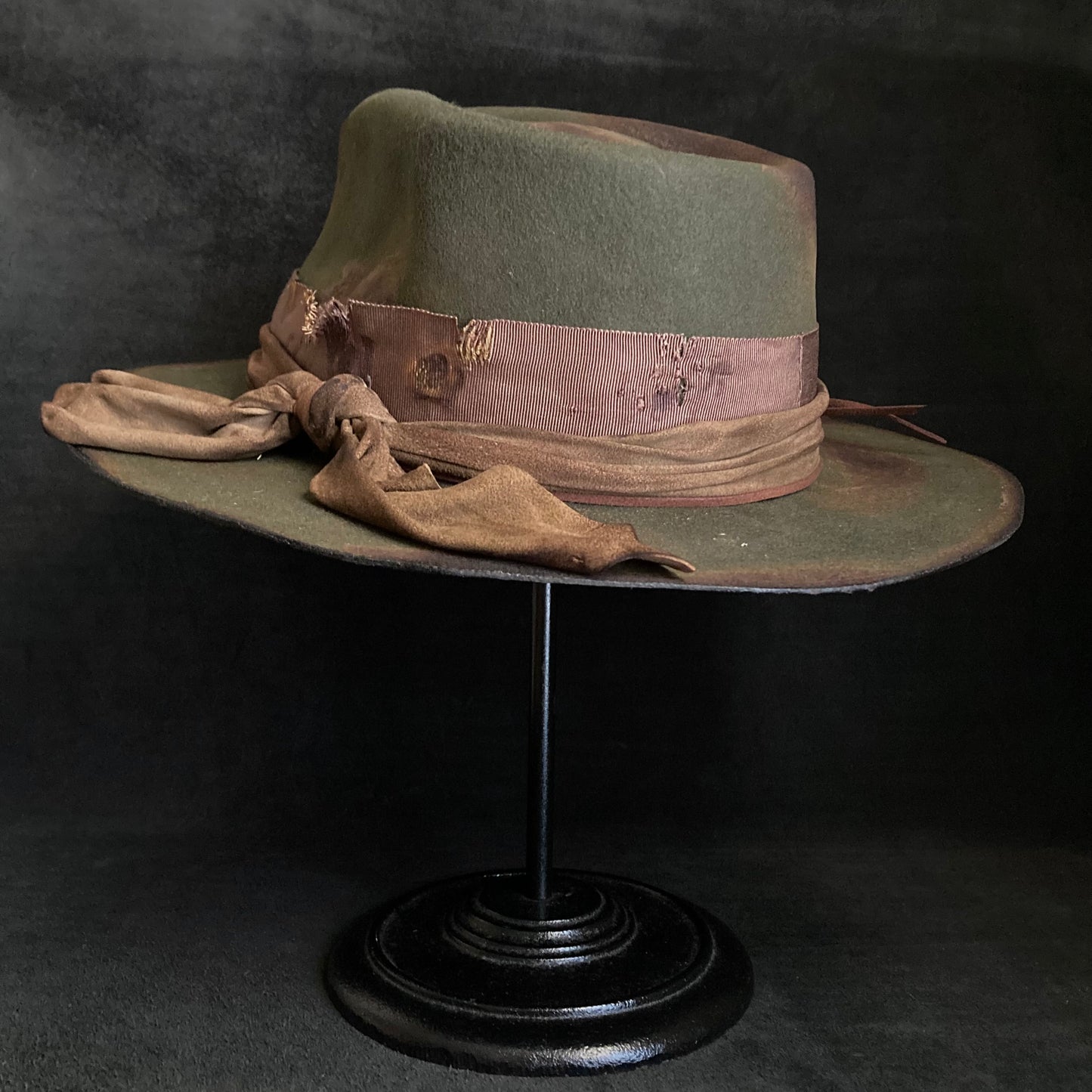 Burned dark olive fedora hat