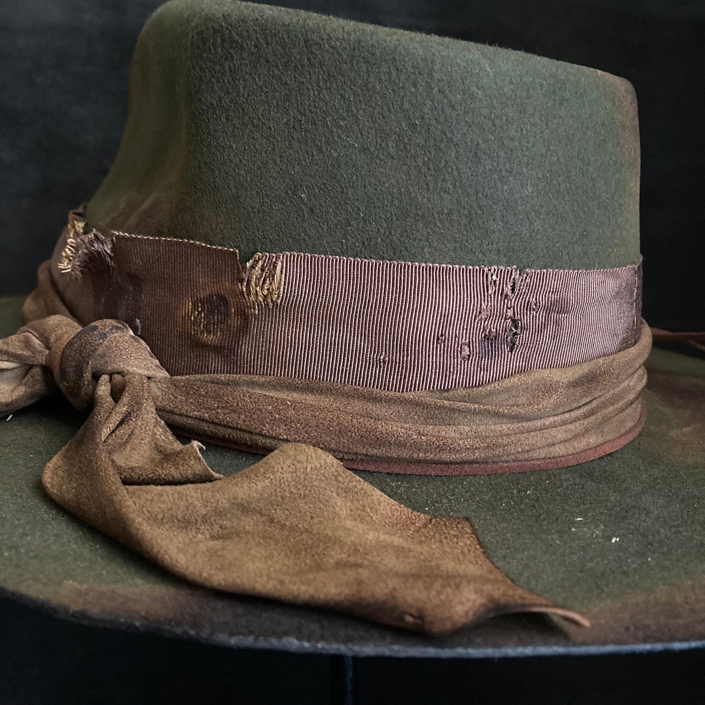 Burned dark olive fedora hat