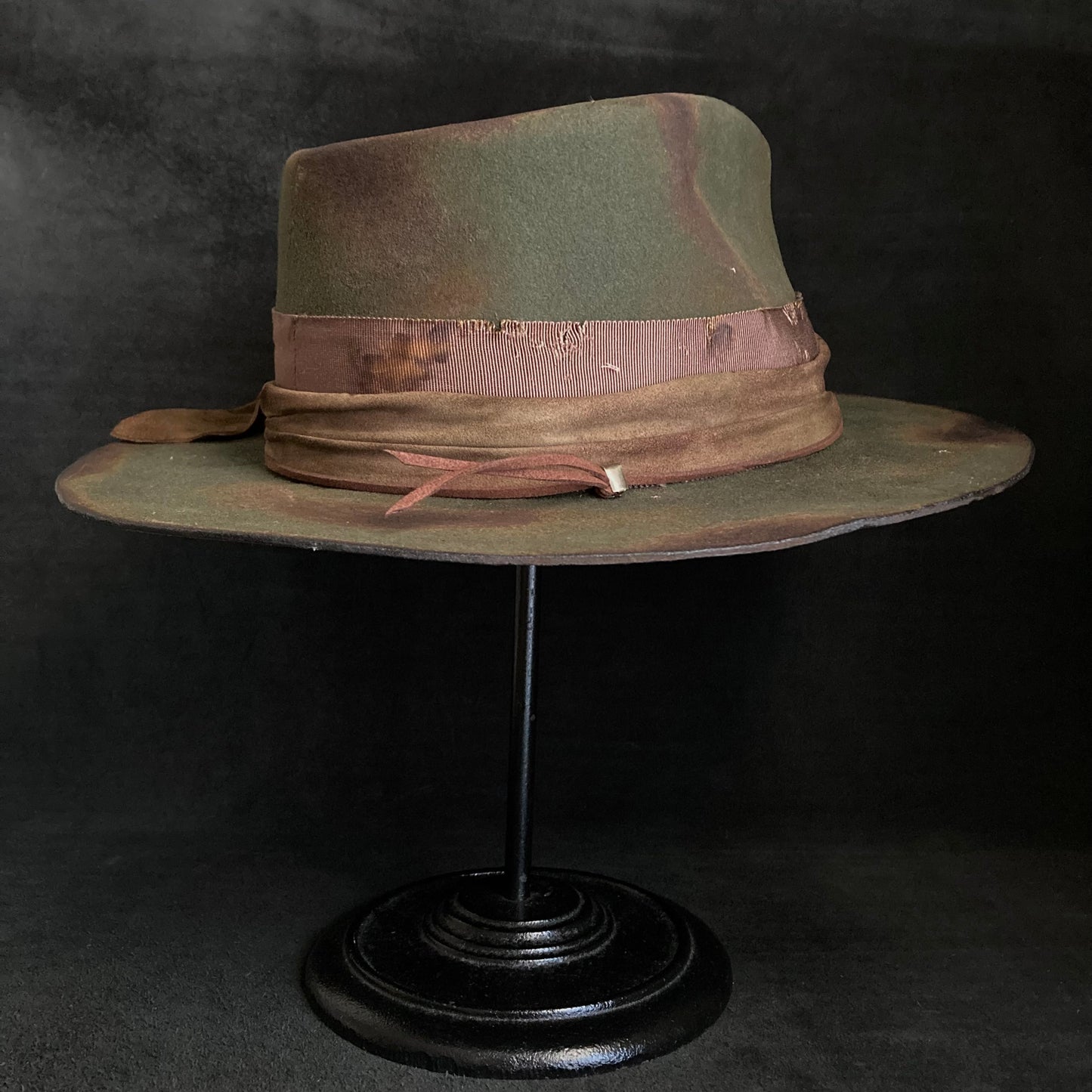Burned dark olive fedora hat