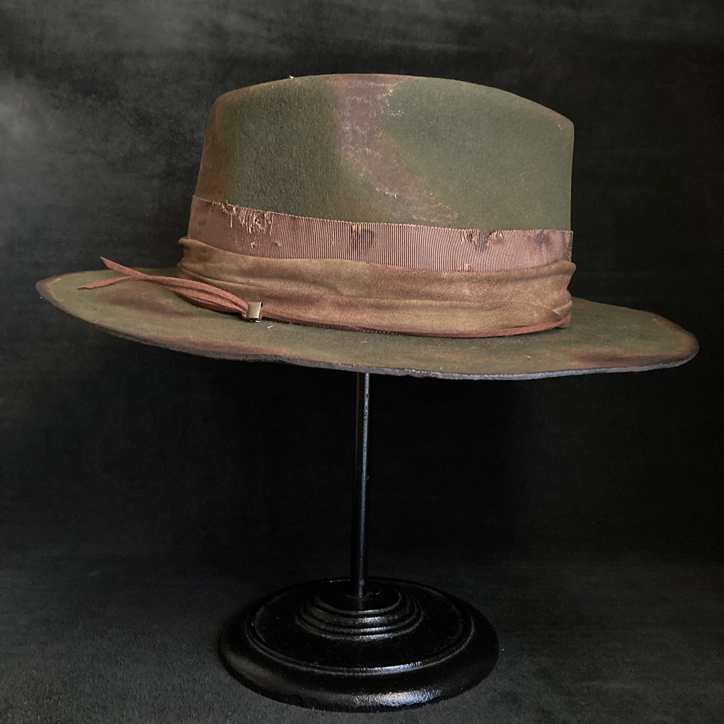 Burned dark olive fedora hat