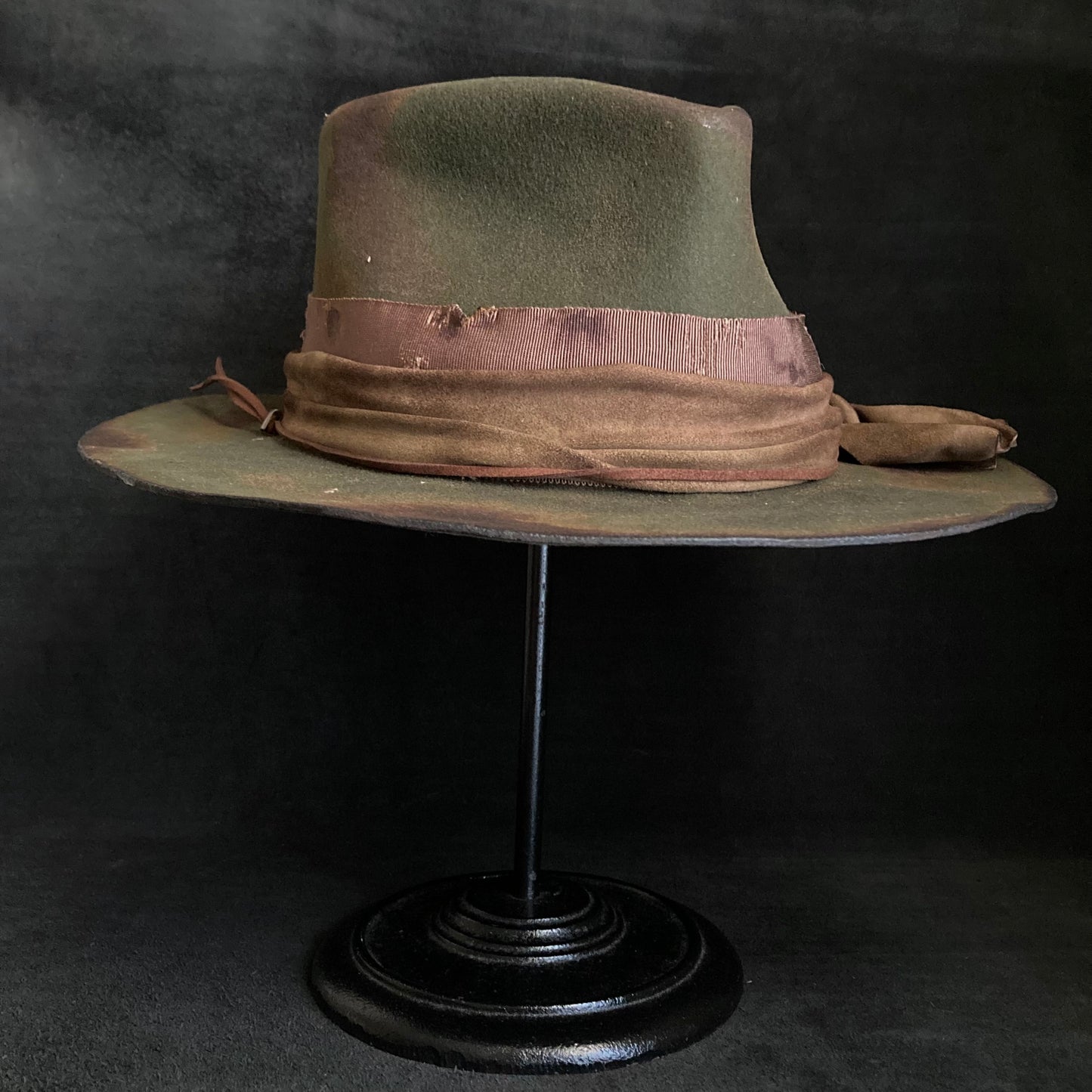 Burned dark olive fedora hat