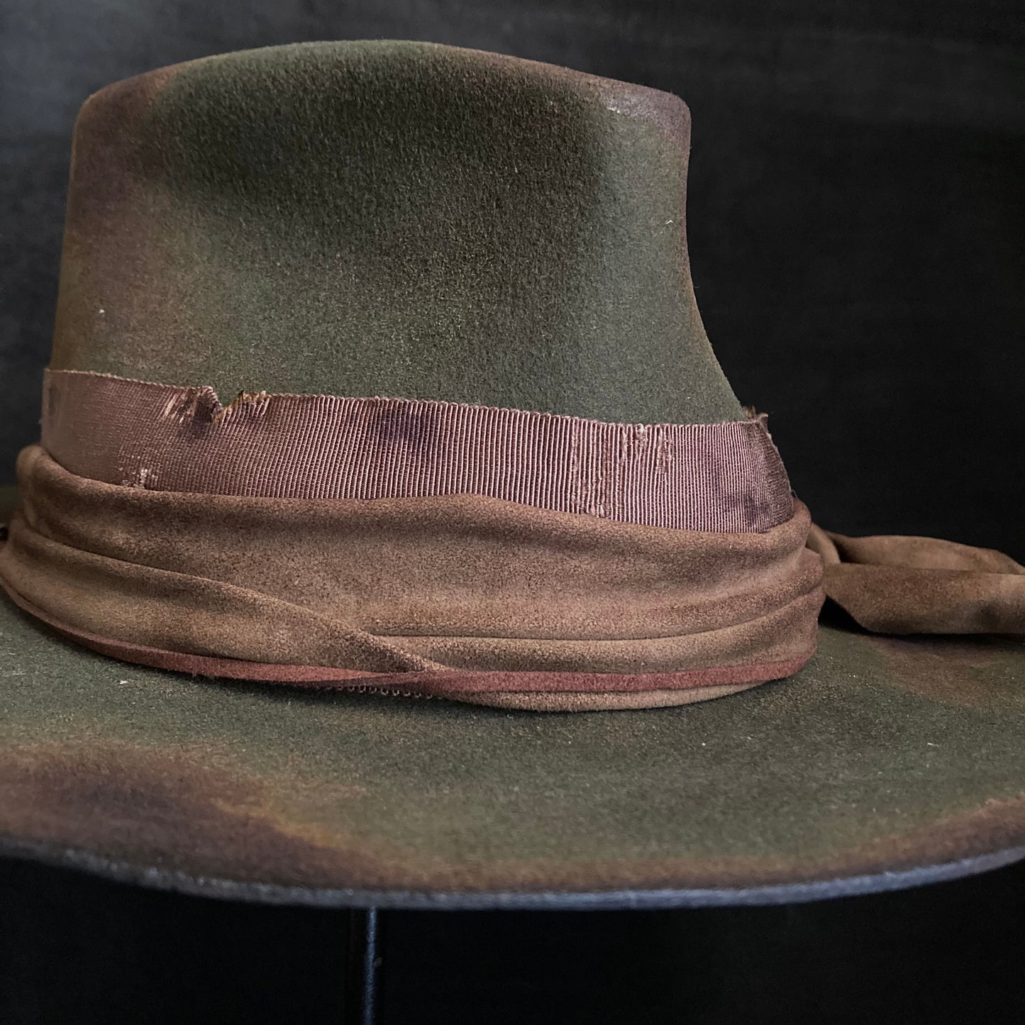 Burned dark olive fedora hat