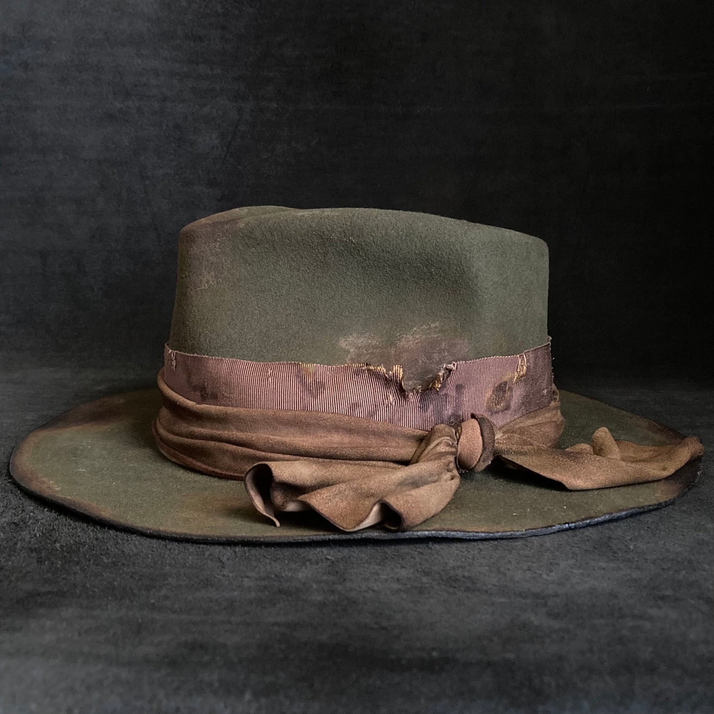 Burned dark olive fedora hat