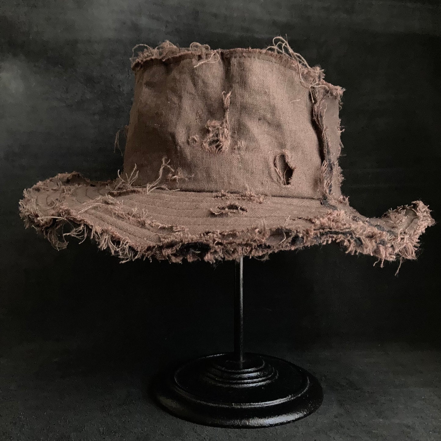 Back side brown linen damage bucket hat