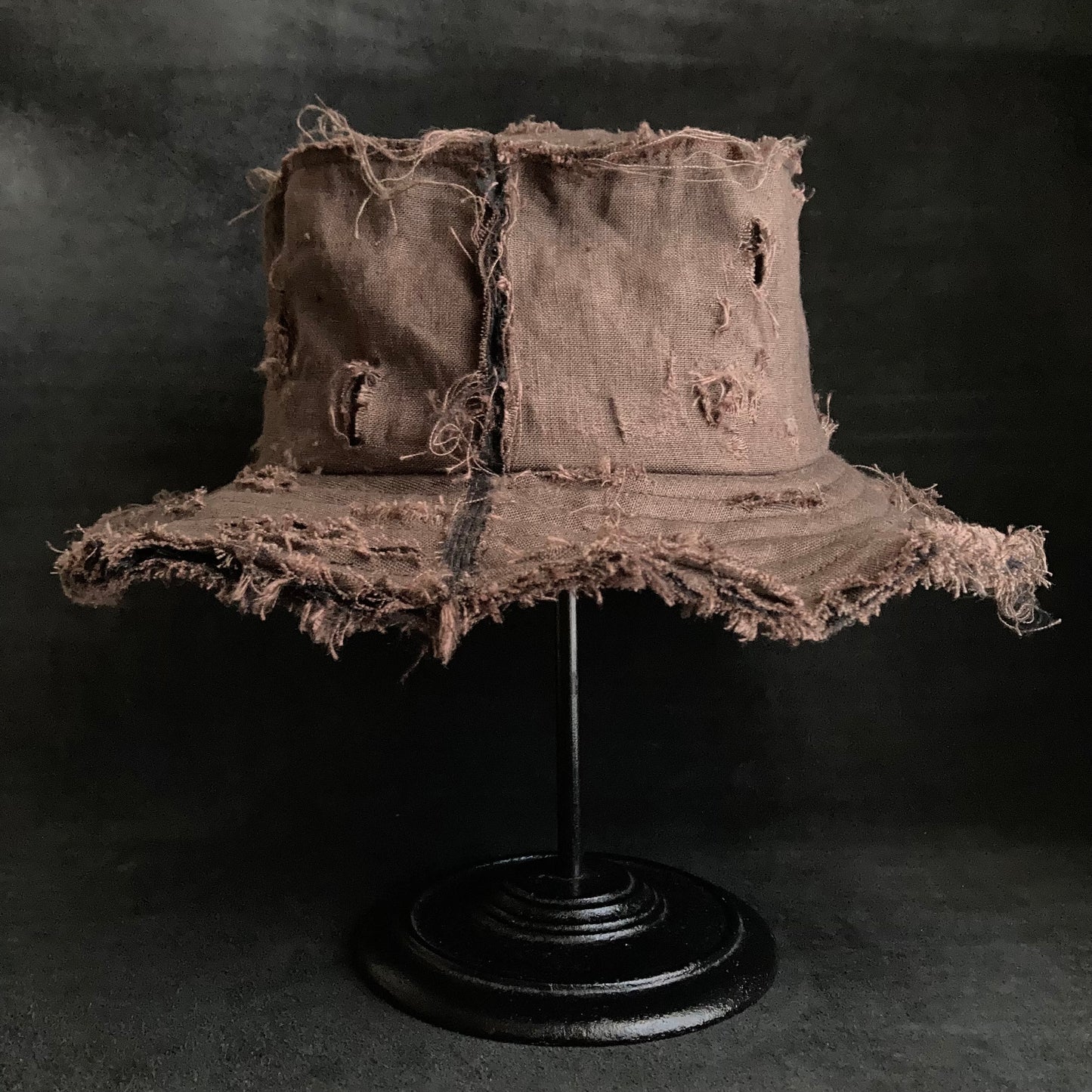 Back side brown linen damage bucket hat