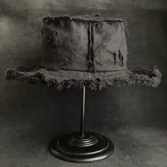 Back side black linen damage bucket hat