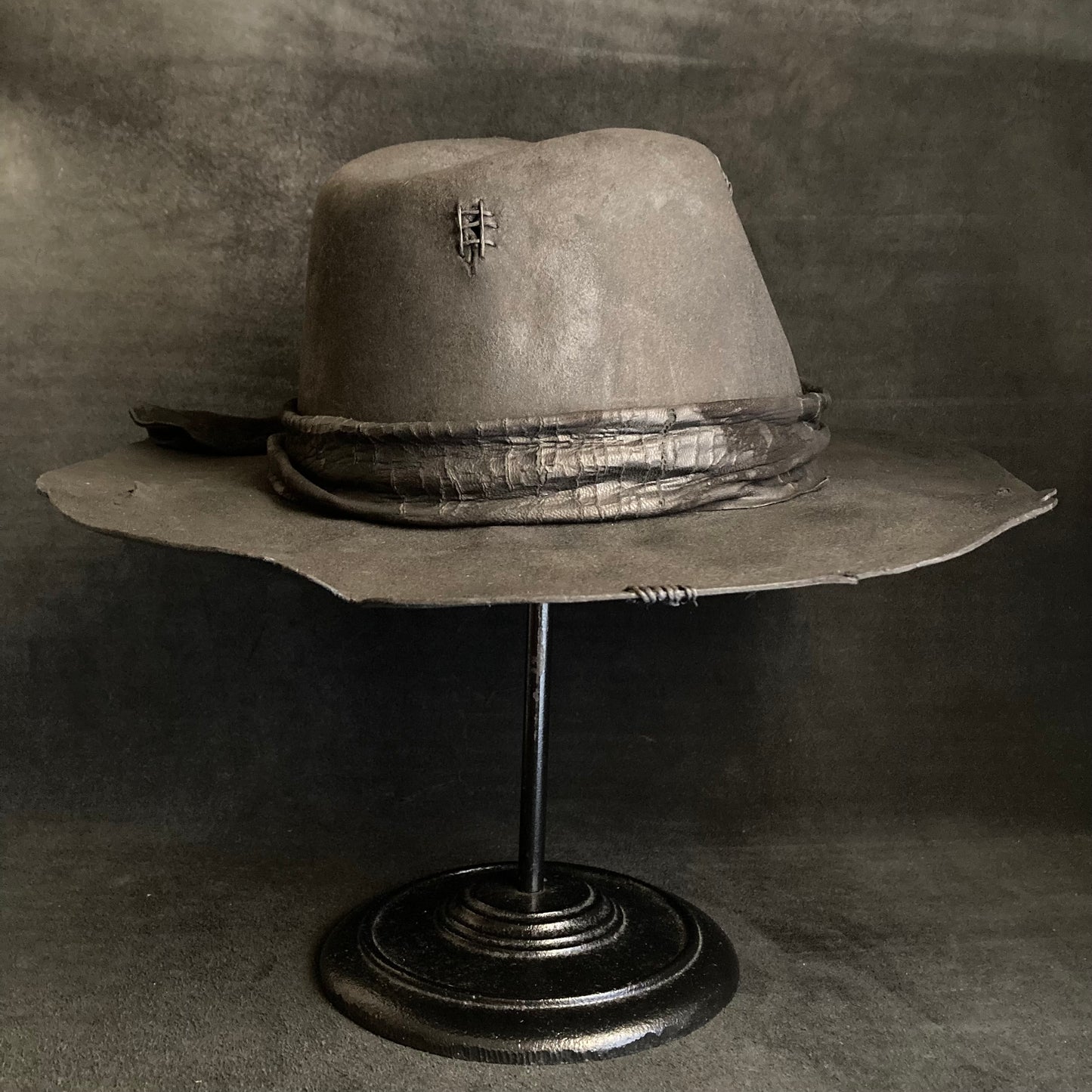 Charcoal cracked leather fedora hat