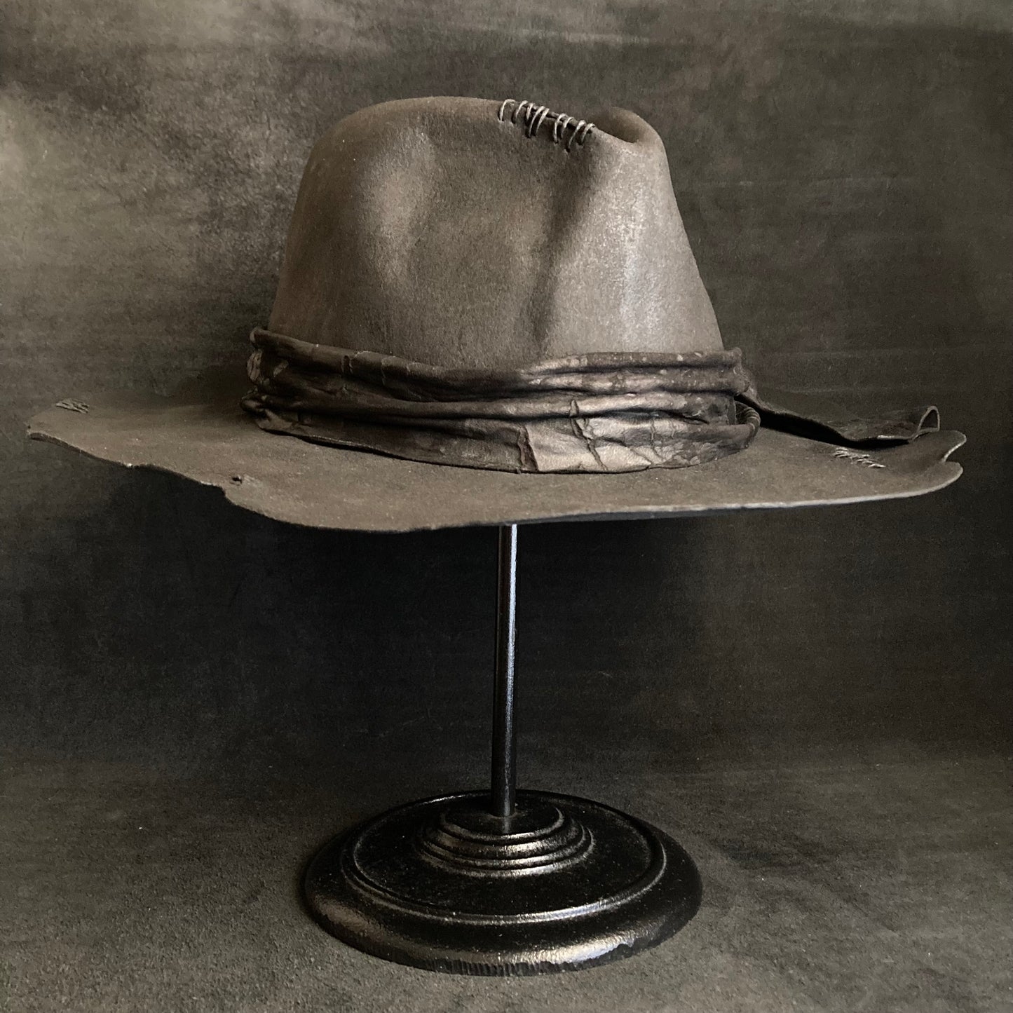 Charcoal cracked leather fedora hat