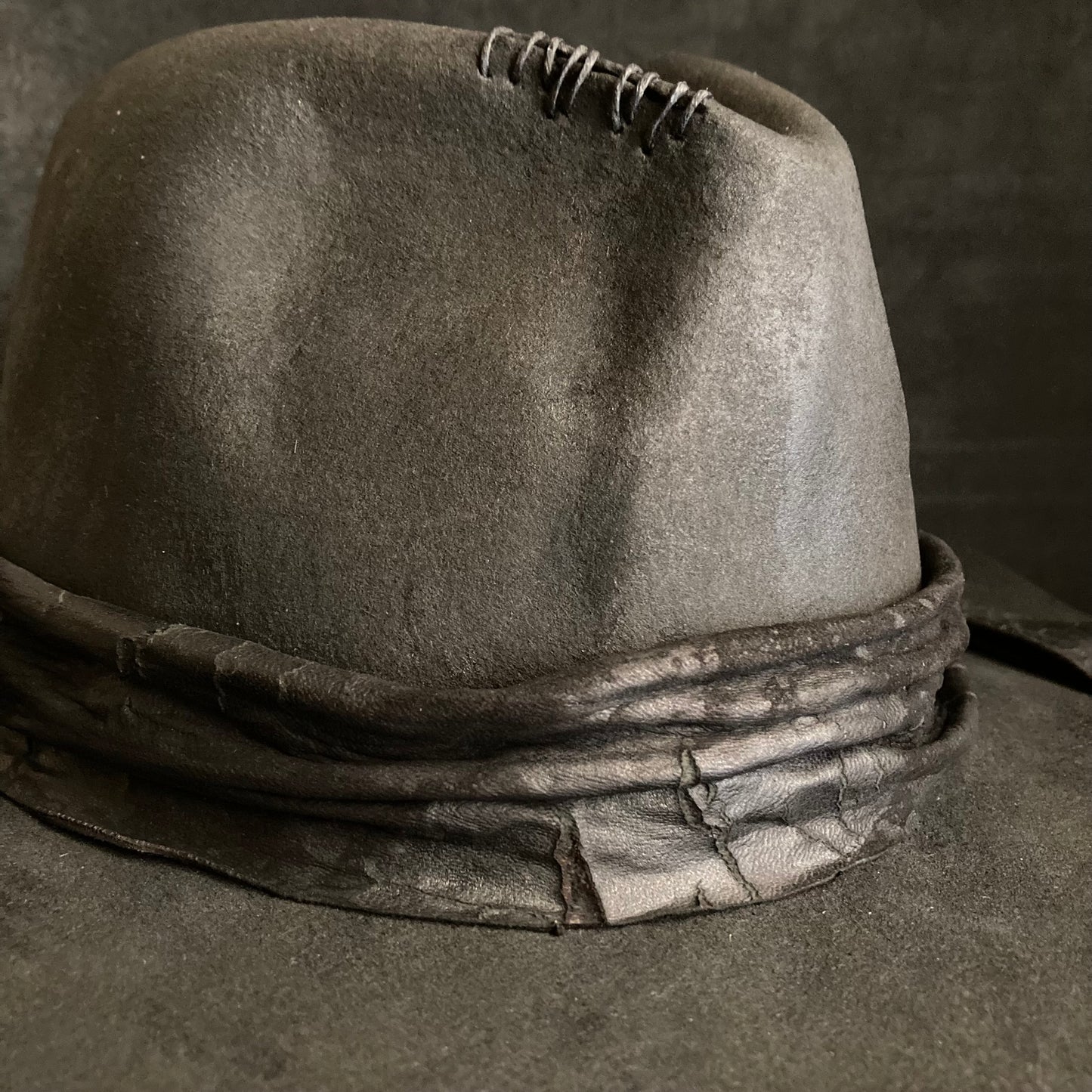 Charcoal cracked leather fedora hat