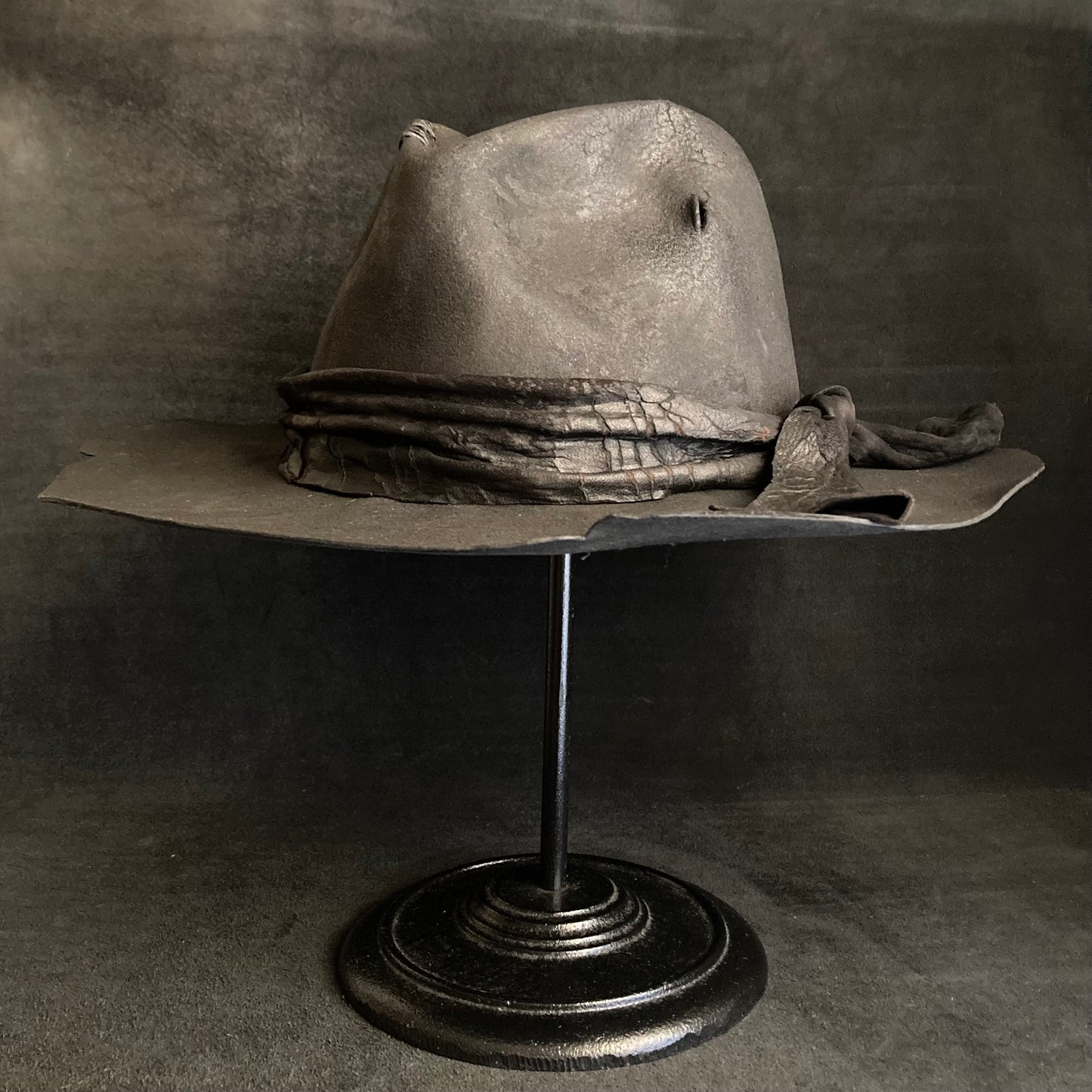 Charcoal cracked leather fedora hat