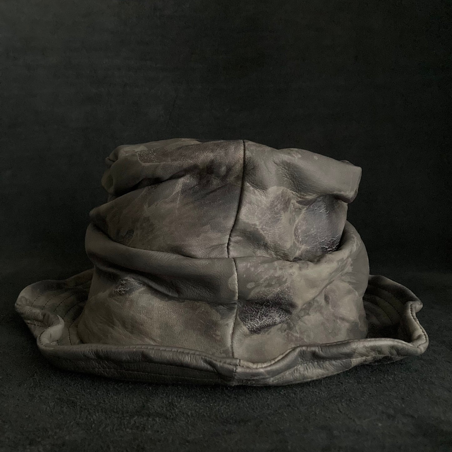 Crack gray leather turn bucket hat