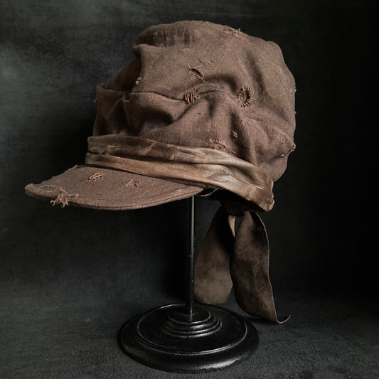 Brown linen damage martial turn cap (brim core)