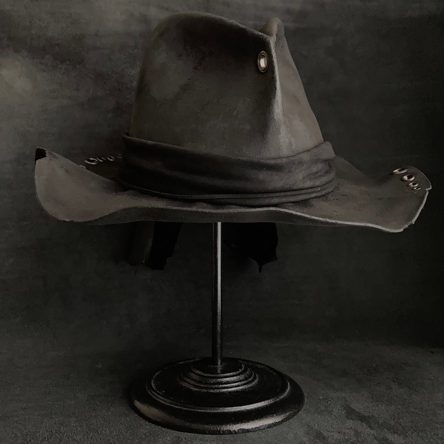 Charcoal eyelet back drooping leather fedora hat