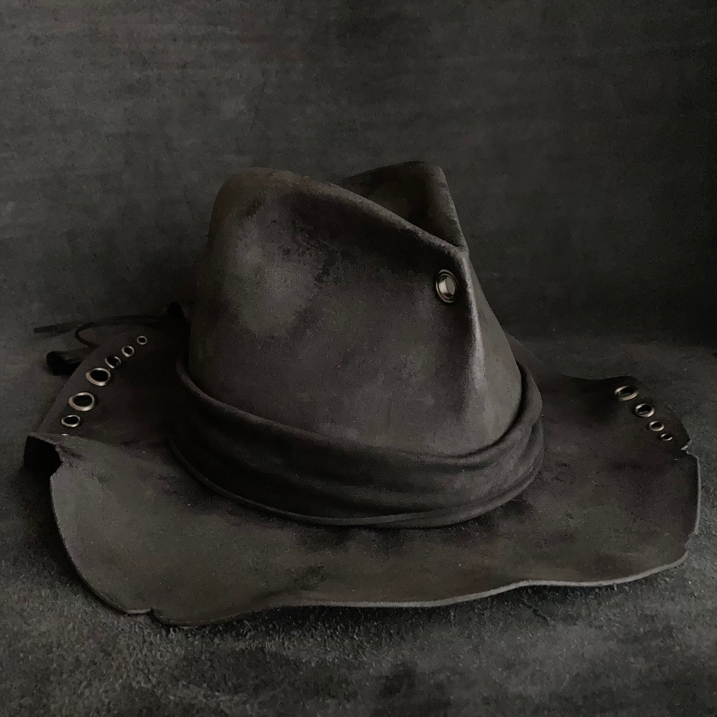 Charcoal eyelet back drooping leather fedora hat