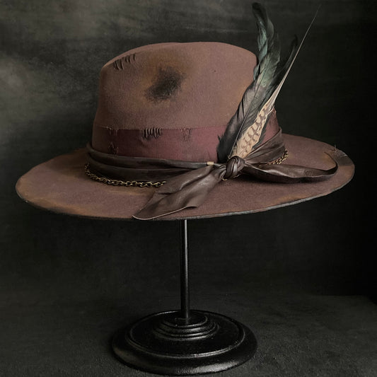 Burned brown dark feather fedora hat