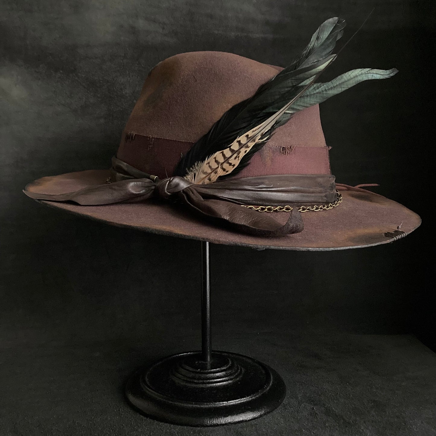 Burned brown dark feather fedora hat