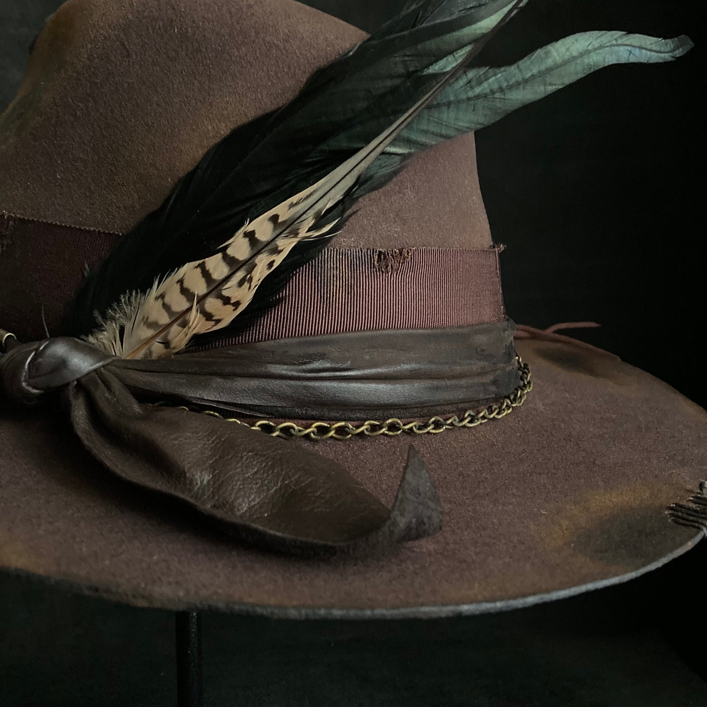 Burned brown dark feather fedora hat