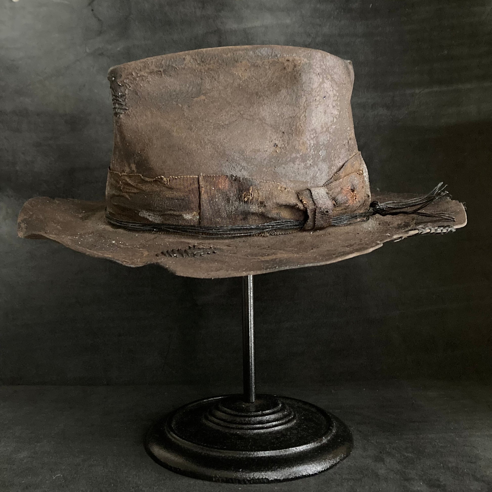 Burnt distressed dark brown fedora hat