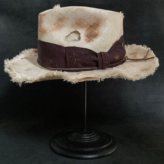 Burned double grass fedora hat