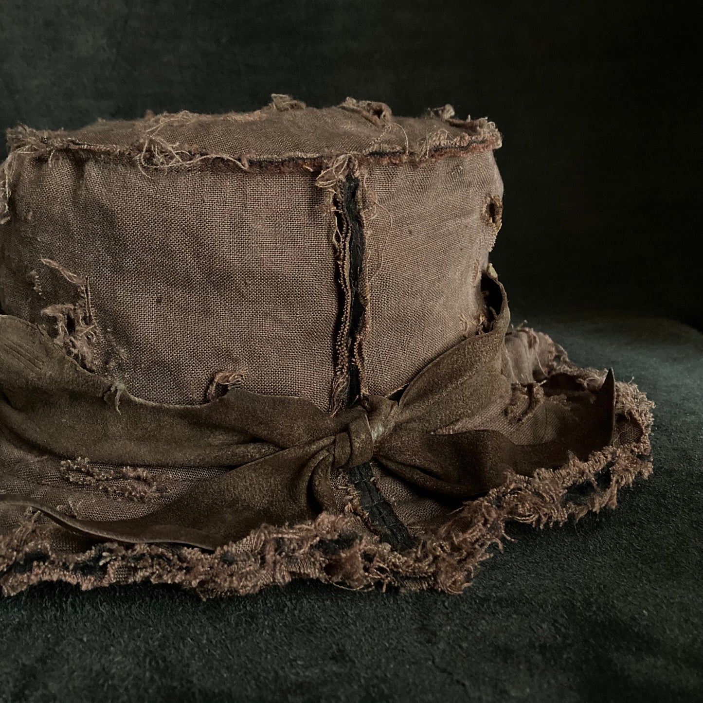 Frayed brown linen damage bucket hat