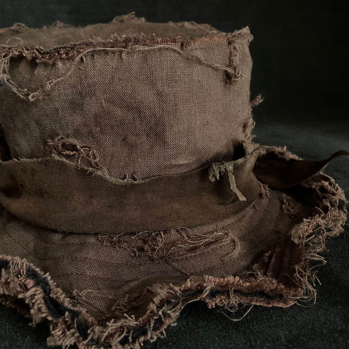 Frayed brown linen damage bucket hat