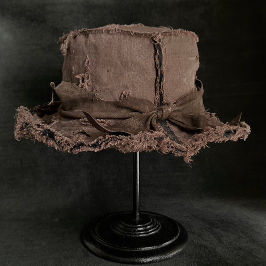 Frayed brown linen damage bucket hat