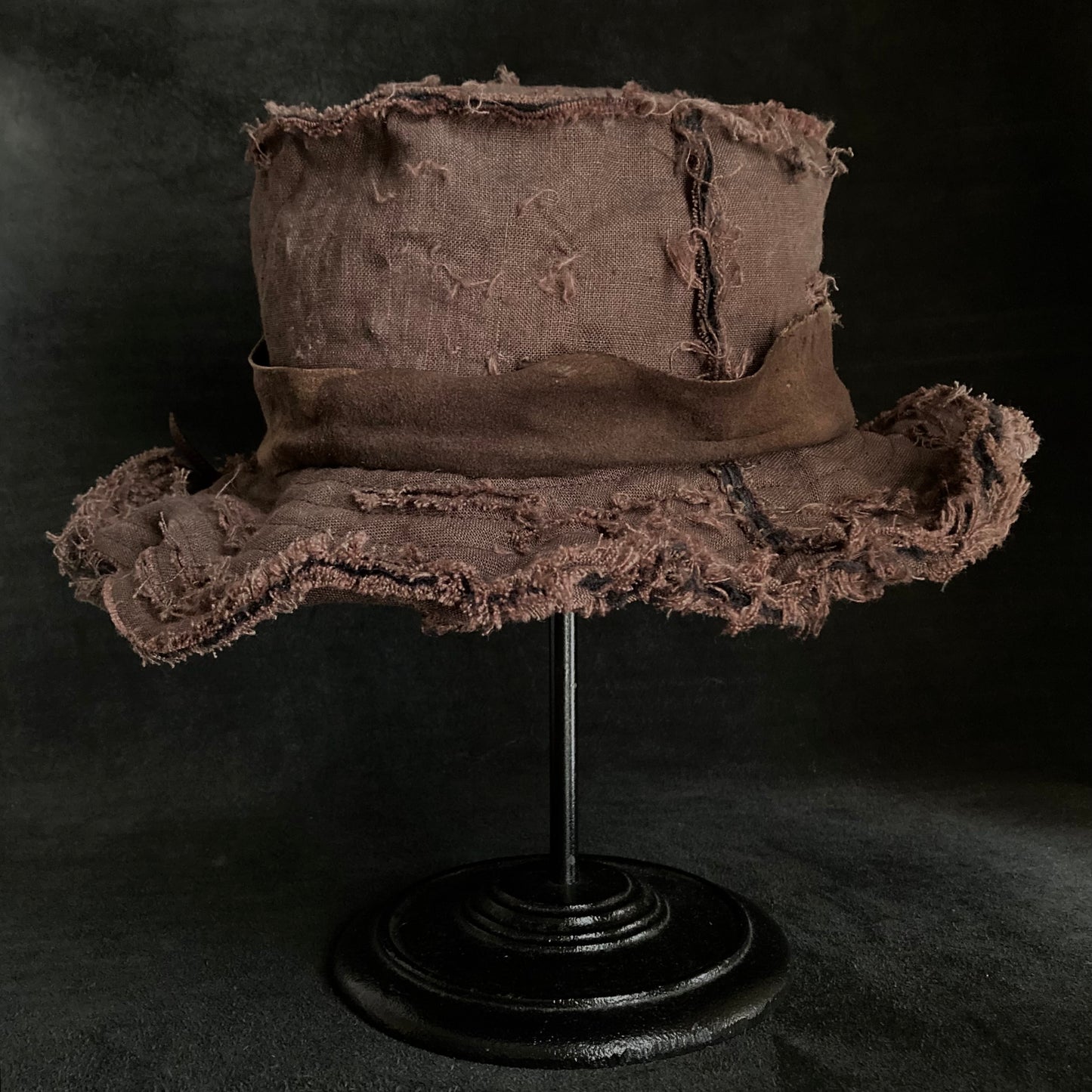 Frayed brown linen damage bucket hat