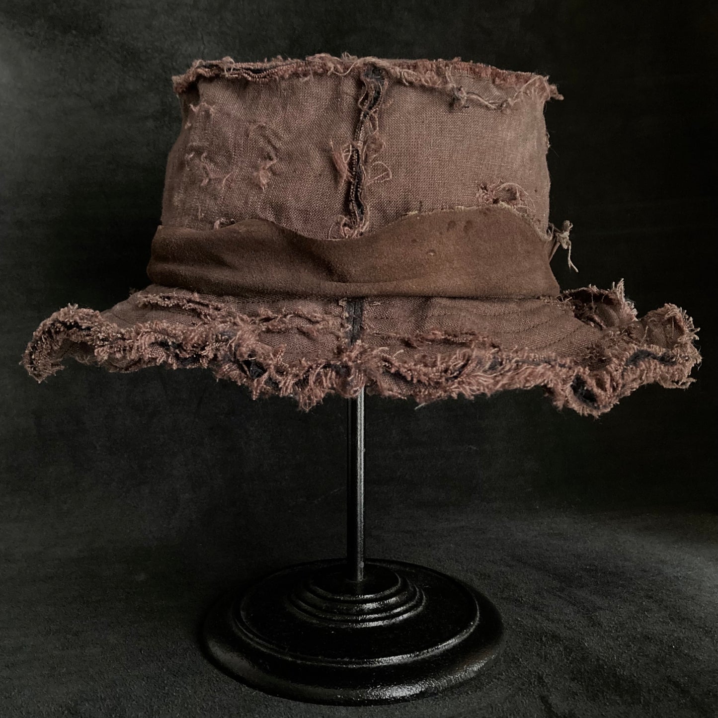 Frayed brown linen damage bucket hat