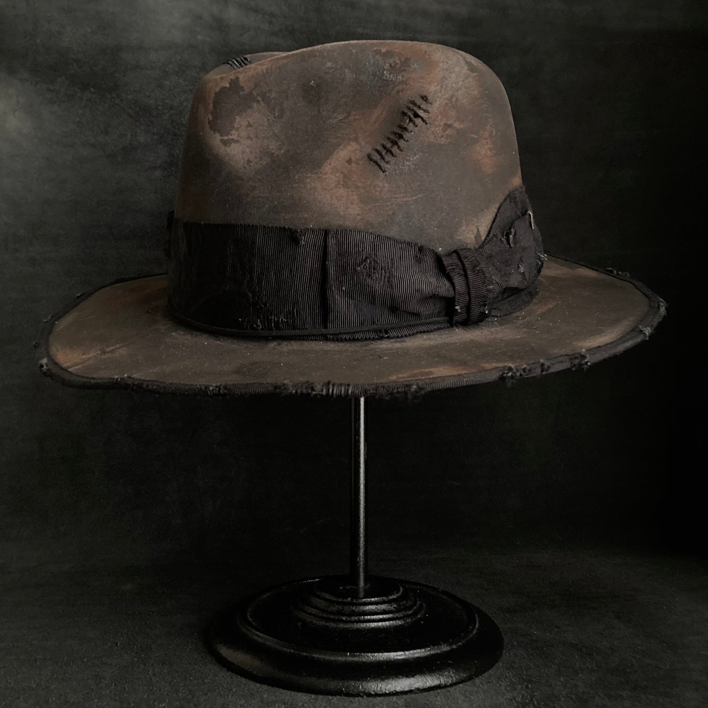 Burned stain damage fedora hat