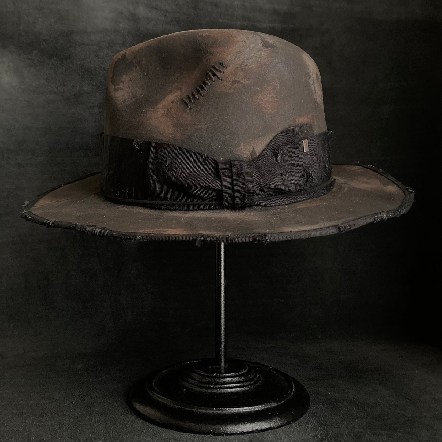 Burned stain damage fedora hat