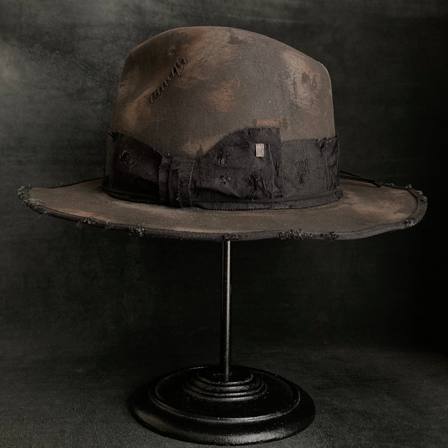 Burned stain damage fedora hat