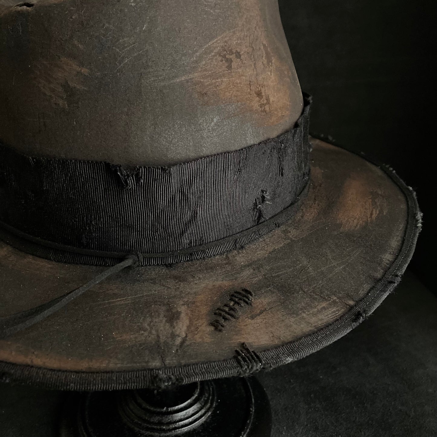 Burned stain damage fedora hat