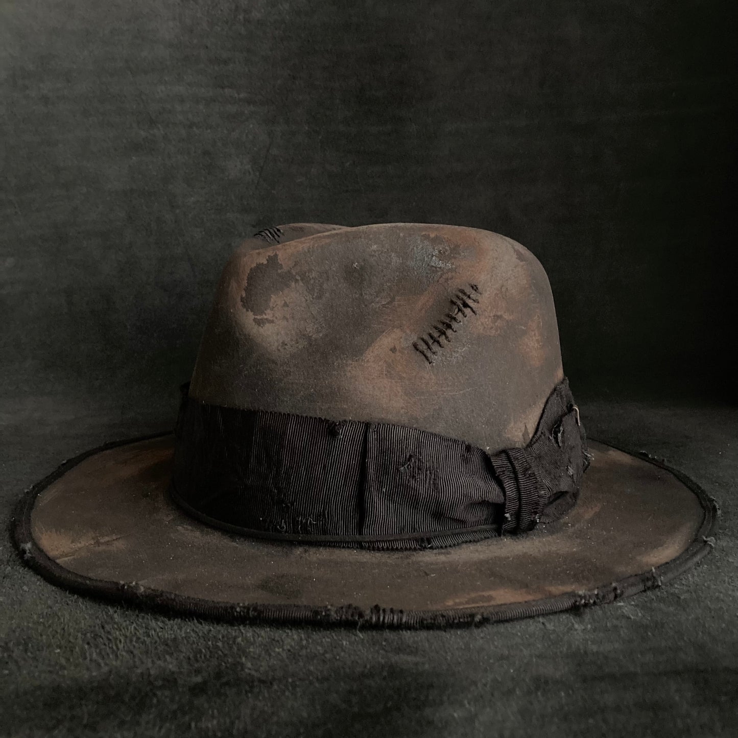 Burned stain damage fedora hat