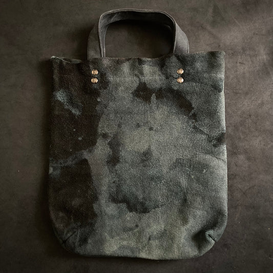 Bleached pale blue black leather tote bag